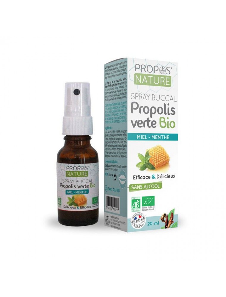 Image principale de la modale pour Spray buccal Propolis Verte Sans Alcool Bio - Miel et Menthe 20 ml - Propos Nature