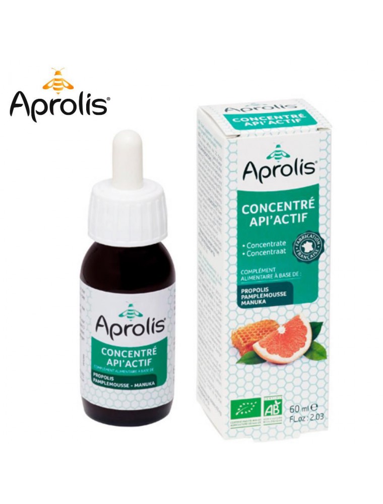 Concentré Api'Actif Bio - Propolis Pamplemousse & Eucalyptus 60 ml - Aprolis Concentré Api'Actif Bio - Propolis Pamplemousse & Eucalyptus 60 ml - Aprolis