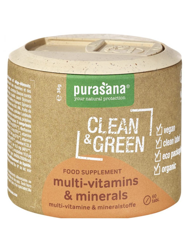 Multi-vitamins & minerals Clean & Green - Vitalité 60 comprimés - Purasana Multi-vitamins & minerals Clean & Green - Vitalité 60 comprimés - Purasana