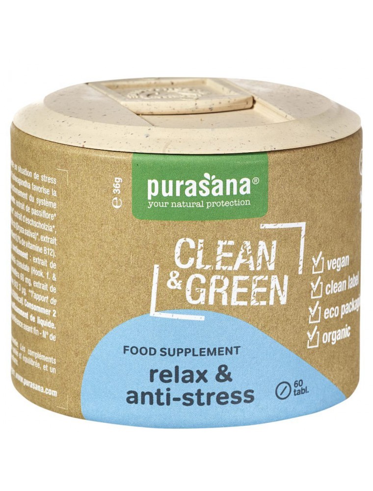 Relax & Anti-stress Clean & Green - Stress et Anxiété 60 comprimés - Purasana Relax & Anti-stress Clean & Green - Stress et Anxiété 60 comprimés - Purasana