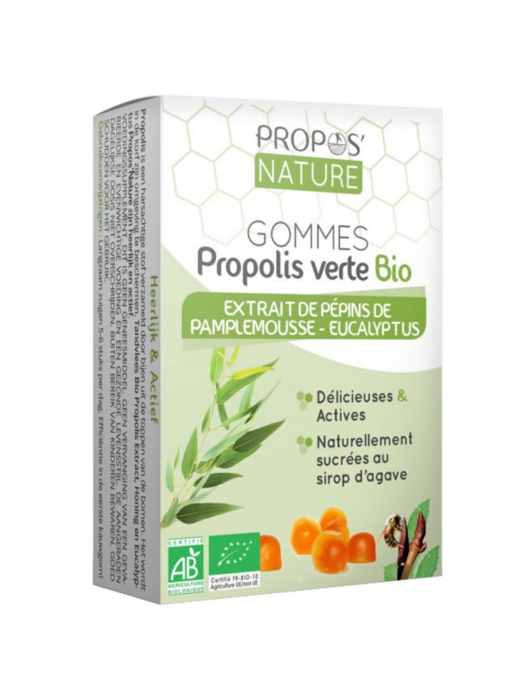 Image principale de la modale pour Gommes Propolis verte Bio avec pépins de pamplemousse et Eucalyptus 45g - Propos Nature