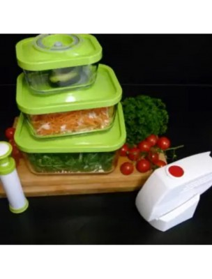 Image de Kit de 3 boîtes sous vides rectangulaires en verre (0.5, 1.5 et 3 Litres) avec pompe manuelle et pompe électrique - Status depuis Machines et boîtes sous vide : conservez vos aliments naturellement