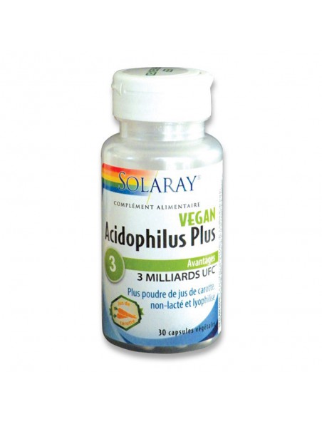 Acidophilus plus jus de carotte (non lacté) - Flore intestinale 100µg - Antioxydant 30 capsules végétales - Solaray