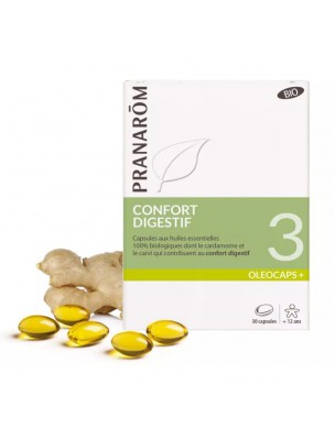 Image de Oléocaps + 3 Bio - Confort Digestif 30 capsules d'huiles essentielles - Pranarôm depuis Synergies d'huiles essentielles digestives