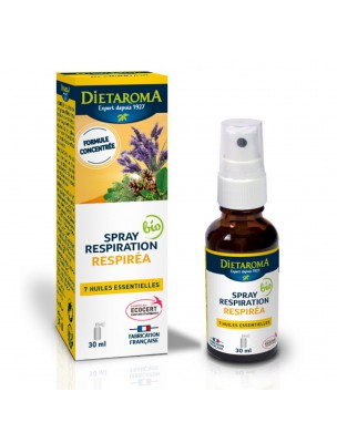 Image de Spray Respiration Respiréa Bio - Respiration 30 ml - Dietaroma via Phytaromasol Cannelle, Thym, Girofle et Menthe - Spray 250ml - Dietaroma