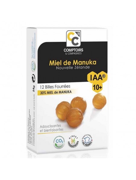 Billes fourrées 30% miel de Manuka IAA10+ - Adoucissantes pour la gorge 12 billes - Comptoirs & Compagnies
