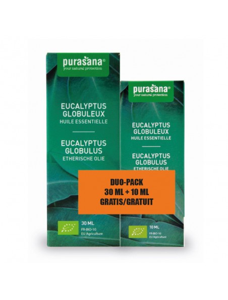 Eucalyptus globuleux Bio - Huile essentielle d'Eucalyptus globulus Labill. 30 ml + 10 ml offert- Purasana Eucalyptus globuleux Bio - Huile essentielle d'Eucalyptus globulus Labill. 30 ml + 10 ml offert- Purasana