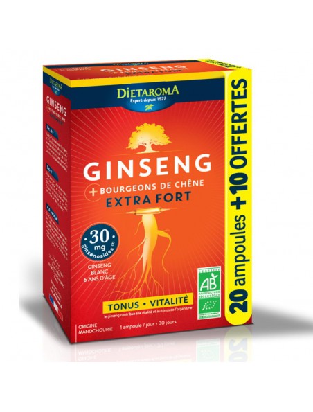 Image principale de Ginseng Extra Fort Bio - Tonus et Vitalité 20 ampoules + 10 offertes - Dietaroma