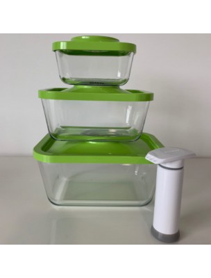 Image de Kit de départ comprenant 3 boîtes sous vides rectangulaires en verre (0.5, 1.5 et 3 Litres) avec pompe manuelle - Status depuis Lots de boîtes sous-vides pour la conservation de vos aliments