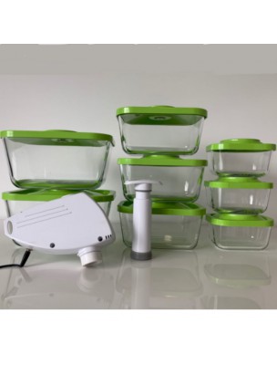Image de Kit de 8 boîtes sous vides rectangulaires en verre (0.5, 1.5 et 3 Litres) avec pompe manuelle et pompe électrique - Status depuis Lots de boîtes sous-vides pour la conservation de vos aliments