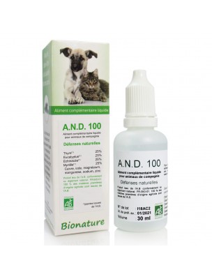 Image de Défenses naturelles des animaux Bio - A.N.D 100 30 ml - Bionature via BARF Complex - Aliment complémentaire AniBio - 420 g