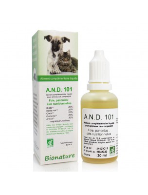 Image de Foie et digestion des animaux Bio - A.N.D 101 30 ml - Bionature via Digest Support pour chien 60g - Hilton Herbs