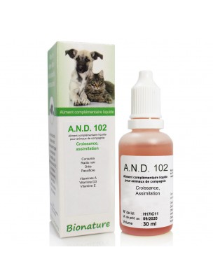 Image de Croissance et Assimilation des animaux Bio - A.N.D 102 30 ml - Bionature via Phyto Cœur Bio - Chiens et Chats 100 g - Floralpina