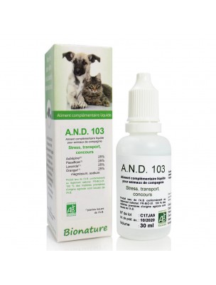 Image de Stress des animaux Bio - A.N.D 103 30 ml - Bionature depuis Solutions naturelles contre le stress et le mal de transport des animaux