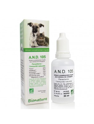 Image de Parasitisme des animaux Bio - A.N.D 105 30 ml - Bionature via Hilton Herbs - Seaweed et Rosehip pour chien - 125g