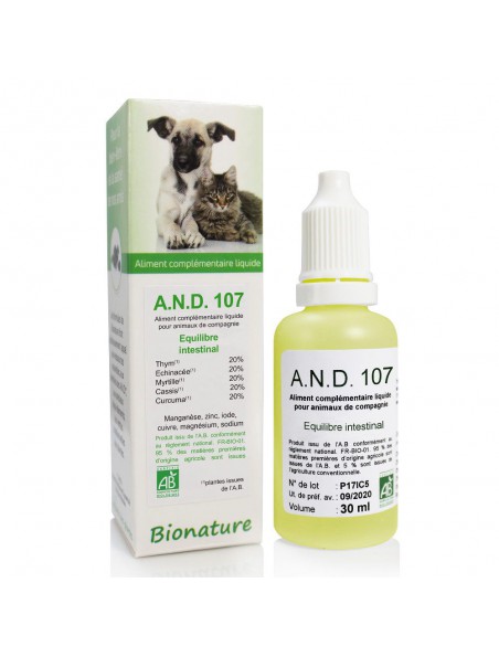 Achetez AND 107 - Transit et Équilibre intestinal des animaux Bio 30 ml - Bionature à l'herboristerie Louis Image principale de AND 107 - Transit et Équilibre intestinal des animaux Bio 30 ml - Bionature
