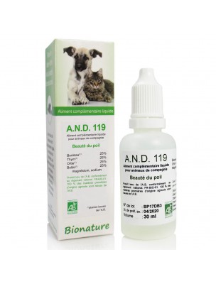 Image de Beauty of the hair of the animals Bio - A.N.D 119 30 ml - Bionature via Buy Biotin with Zinc - Skin and Hair for Dogs and Cats 220 g -