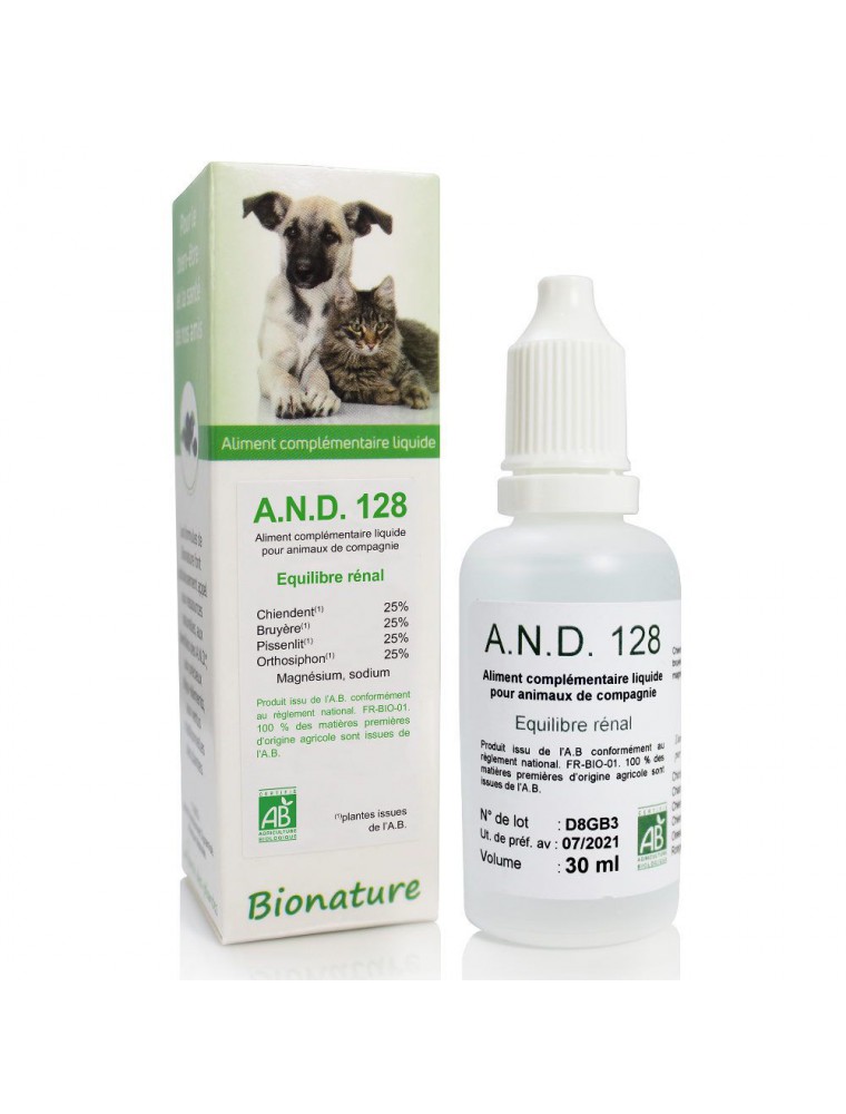 Image principale de la modale pour AND 128 - Equilibre rénal des animaux Bio 30 ml - Bionature