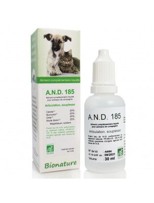 Image de Articulations et souplesse des animaux Bio - A.N.D 185 30 ml - Bionature via Articulations - Vitalité & Mobilité pour Chiens & Chats 60 comprimés - Verlina