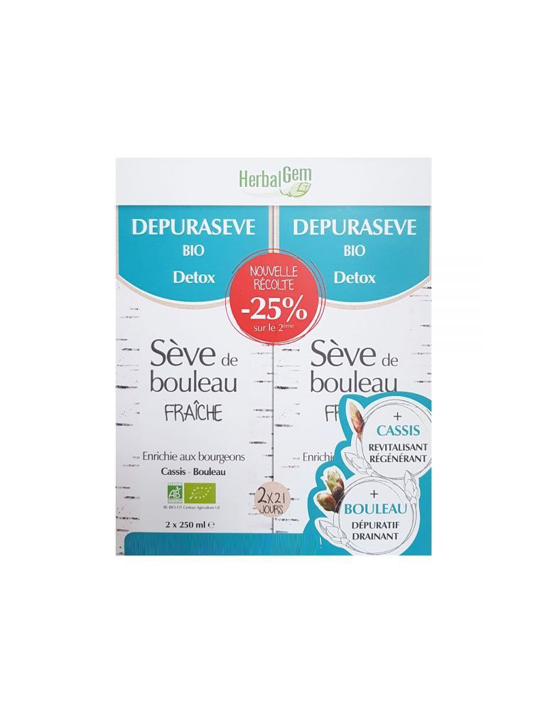 Duo Sève de bouleau Bio - DépuraSève 2 X 250 ml - Herbalgem Duo Sève de bouleau Bio - DépuraSève 2 X 250 ml - Herbalgem