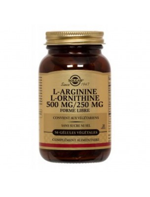 L-Arginine L-Ornithine 500/250 - Circulation et libido masculine 50 capsules végétales - Solgar