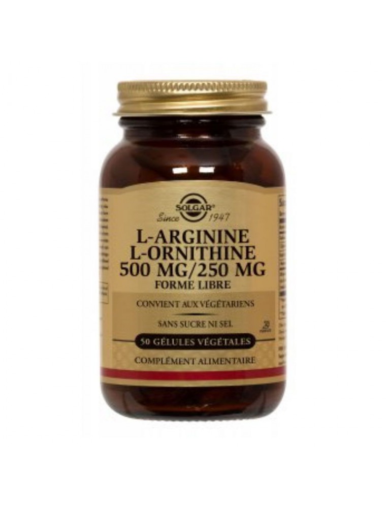 L-Arginine L-Ornithine 500/250 - Circulation et libido masculine 50 capsules végétales - Solgar L-Arginine L-Ornithine 500/250 - Circulation et libido masculine 50 capsules végétales - Solgar