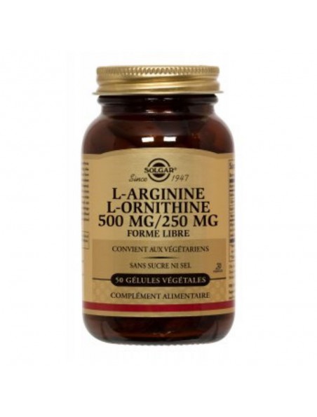 L-Arginine L-Ornithine 500/250 - Circulation et libido masculine 50 capsules végétales - Solgar L-Arginine L-Ornithine 500/250 - Circulation et libido masculine 50 capsules végétales - Solgar