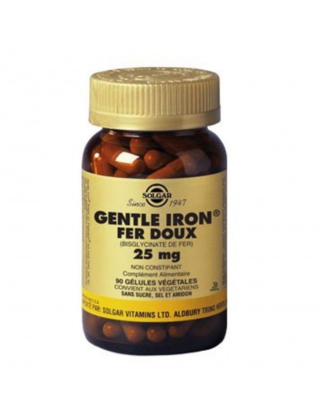 Fer doux (Gentle Iron) 25 mg - Maintien du taux de fer 90 gélules - Solgar
