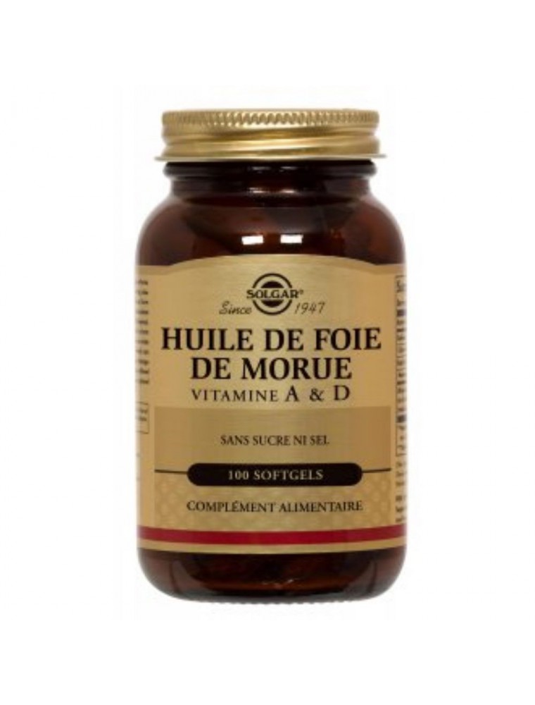 Image principale de la modale pour Huile de foie de morue - Système immunitaire et formation des os 100 capsules - Solgar