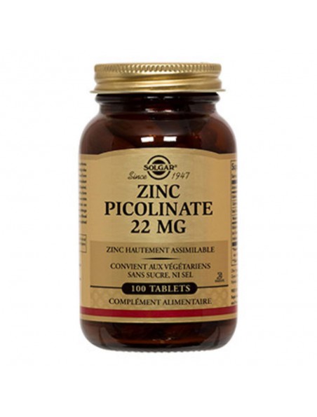 Image principale de Zinc picolinate 22 mg - Peau, ongles et cheveux 100 comprimés - Solgar