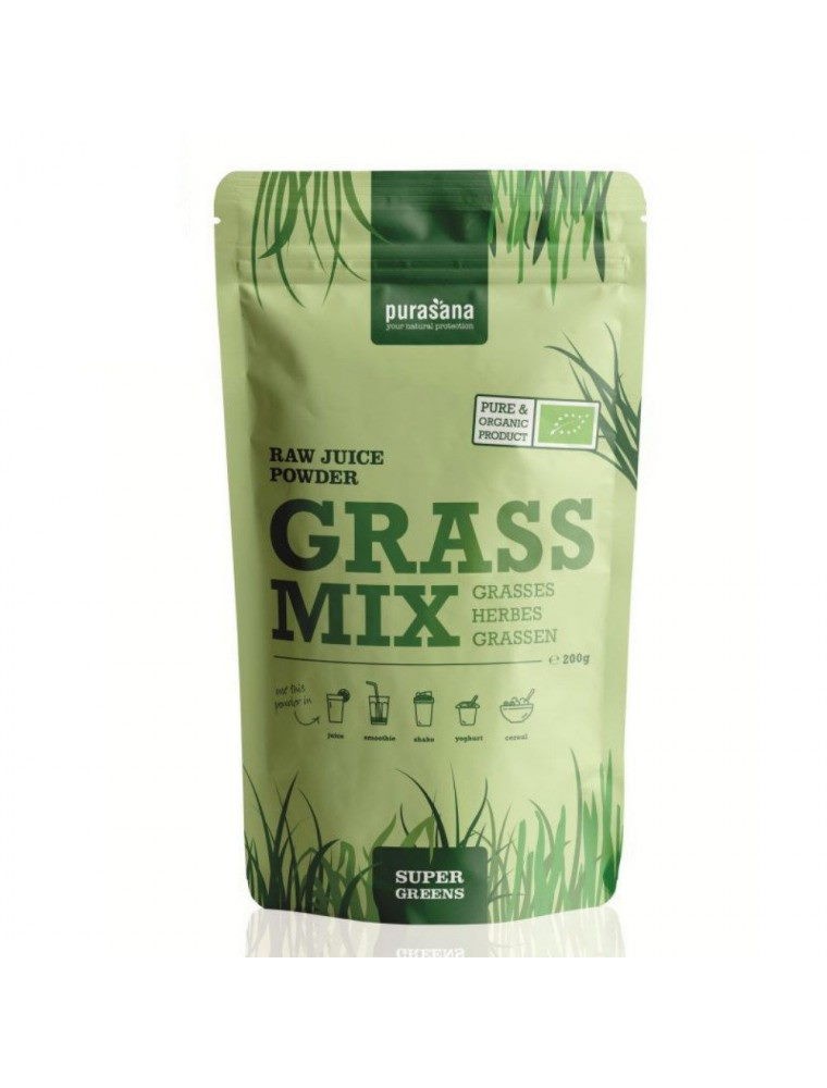 Image principale de la modale pour Mélange de jus d'herbes en poudre Grass Mix Bio - Orge, Blé et Luzerne SuperGreens 200g - Purasana
