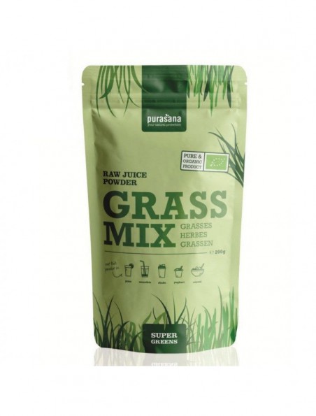 Image principale de Mélange de jus d'herbes en poudre Grass Mix Bio - Orge, Blé et Luzerne SuperGreens 200g - Purasana