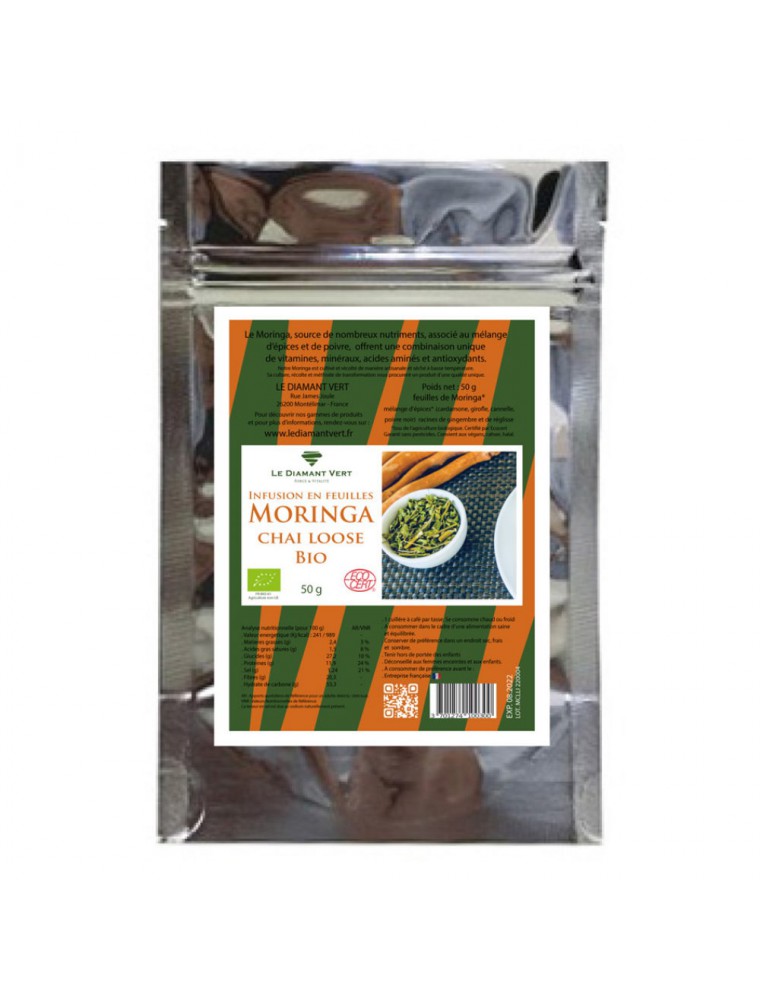 Moringa Chaï Loose Bio - Tisane de Moringa oleifera et Epices 50g - Le Diamant Vert Moringa Chaï Loose Bio - Tisane de Moringa oleifera et Epices 50g - Le Diamant Vert