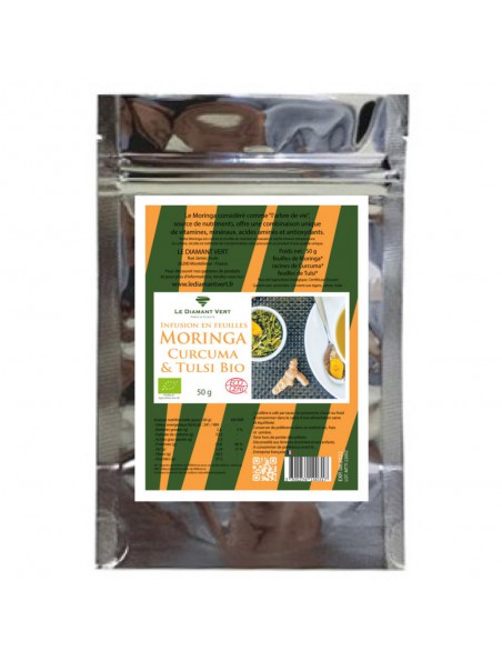 Moringa Curcuma Tulsi Bio - Tisane de Moringa oleifera, Curcuma et Tulsi 50g - Le Diamant Vert Moringa Curcuma Tulsi Bio - Tisane de Moringa oleifera, Curcuma et Tulsi 50g - Le Diamant Vert