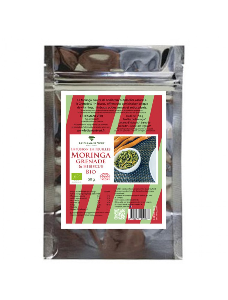 Moringa Grenade Hibiscus Bio - Tisane de Moringa oleifera, Grenade et Hibiscus 50g - Le Diamant Vert Moringa Grenade Hibiscus Bio - Tisane de Moringa oleifera, Grenade et Hibiscus 50g - Le Diamant Vert