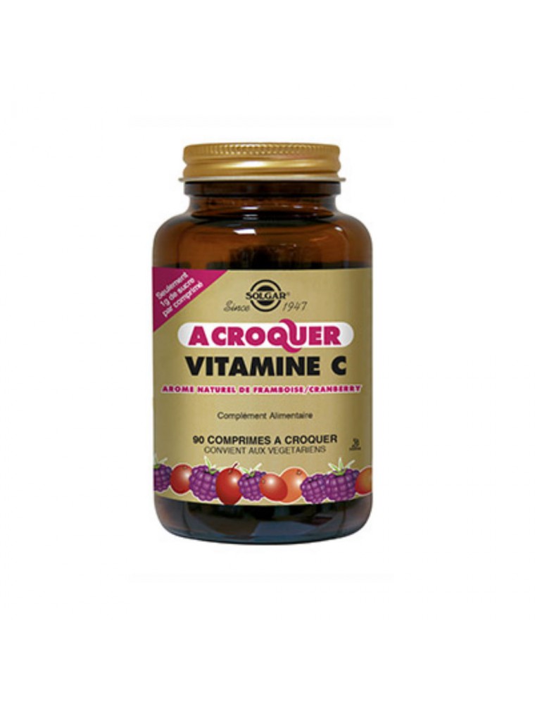 Image principale de la modale pour Vitamine C 500 mg goût Framboise Cranberry - Défenses immunitaires 90 comprimés à croquer - Solgar