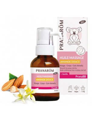 Image de Pranabb Amande douce Huile de massage Bio - Nourrit et adoucit la peau de bébé 30 ml - Pranarôm via Mal au Coeur Bio - Stick d'Urgence 9 ml - Néobulle