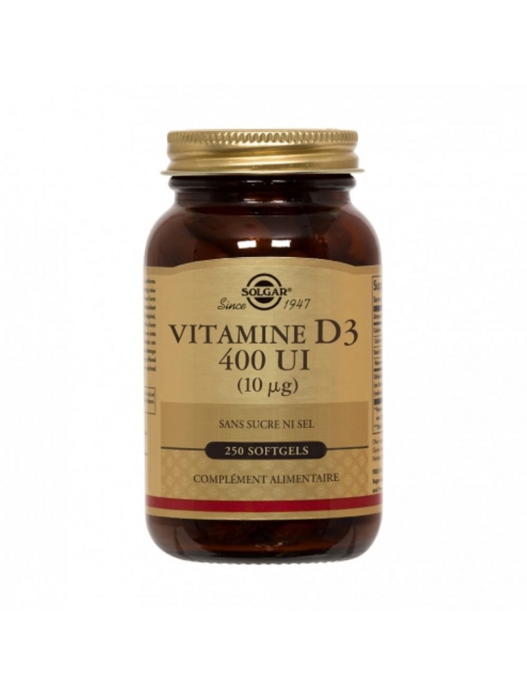 Image principale de la modale pour Vitamine D3 400 UI - Os et défenses immunitaires 250 softgels - Solgar