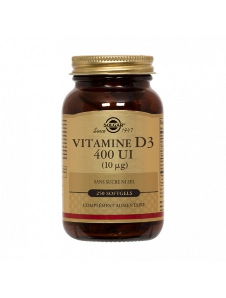 Achetez Vitamine D3 400 UI - Os et défenses immunitaires 250 softgels - Solgar à l'herboristerie Louis Image principale de Vitamine D3 400 UI - Os et défenses immunitaires 250 softgels - Solgar