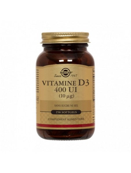 Image principale de Vitamine D3 400 UI - Os et défenses immunitaires 250 softgels - Solgar