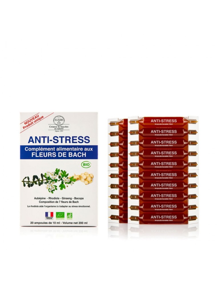 Image principale de la modale pour Stress - Complément alimentaire Bio aux Fleurs de Bach 20 ampoules de 10 ml - Elixirs and Co