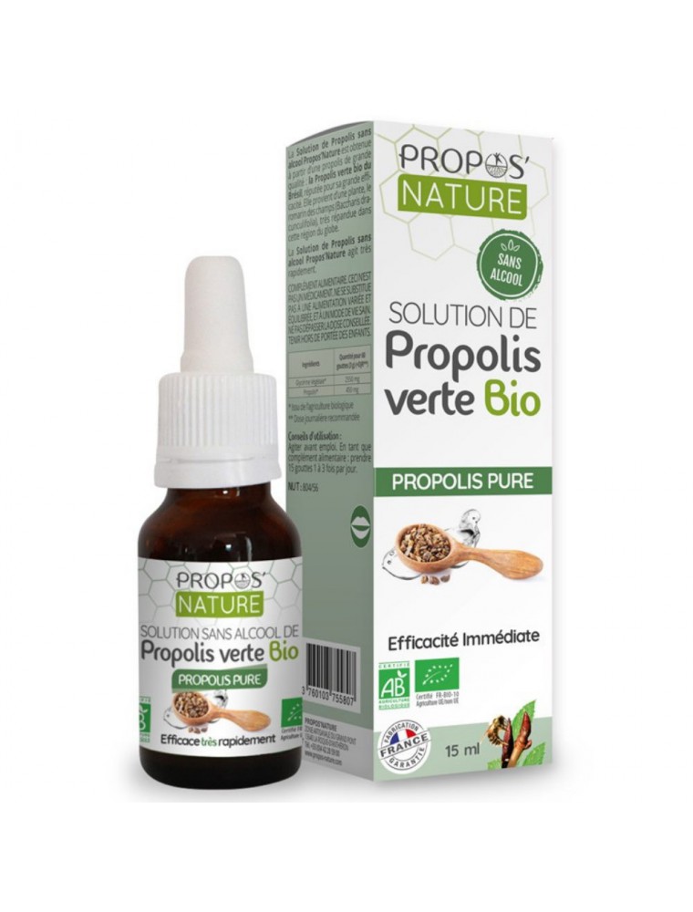 Image principale de la modale pour Propolis Verte Bio Solution sans alcool - Système immunitaire 15 ml - Propos Nature