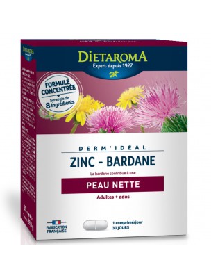 Image de Dermidéal Zinc et Bardane - Peau nette 30 comprimés - Dietaroma via Savons Extra-Doux Sauge Bergamote Bio - Rampal Latour