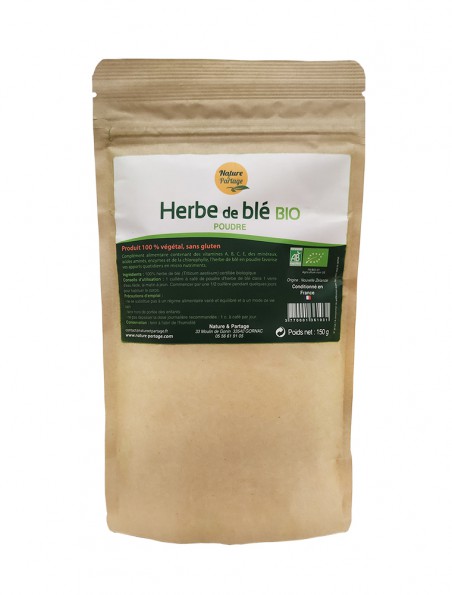 Achetez Herbe de blé Bio - Poudre de Triticum aestivum 150 g - Nature et Partage à l'herboristerie Louis Image principale de Herbe de blé Bio - Poudre de Triticum aestivum 150 g - Nature et Partage