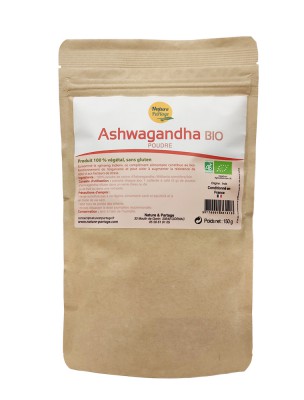 Image de Ashwagandha Bio - Racine en poudre 150g - Withania somnifera - Nature et Partage via Eleuthérocoque - Racine coupée 100g - Tisane