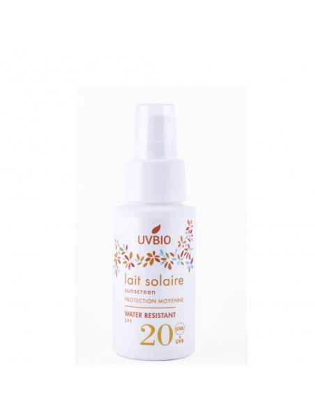 Achetez Lait Solaire SPF 20 Bio - Soin du visage et du corps 50 ml - UV Bio à l'herboristerie Louis Image principale de Lait Solaire SPF 20 Bio - Soin du visage et du corps 50 ml - UV Bio