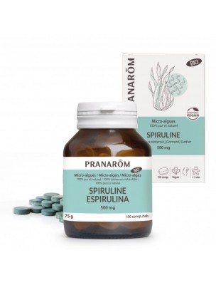 Image de Spiruline Bio - Revitalisant 150 comprimés - Pranarôm via Green Mix Bio - Spiruline et SuperFoods 200g - Purasana