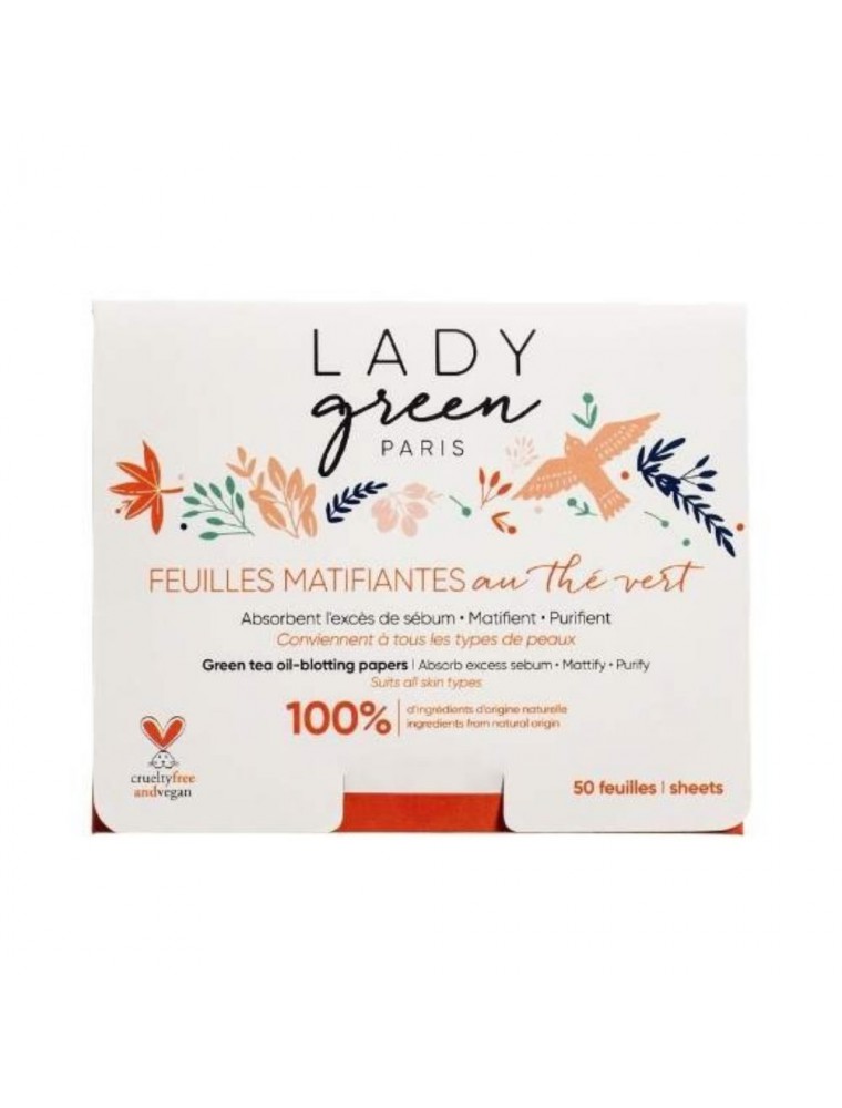 Feuilles Matifiantes au Thé Vert Bio - Soin du Visage 50 Feuilles - Lady Green