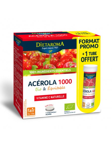 Image principale de Acérola 1000 Bio - Réduction de la fatigue 24 comprimés + 1 tube offert - Dietaroma