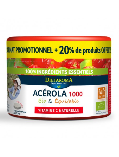 Image principale de Acérola 1000 Bio - Pilulier Réduction de la fatigue 60 comprimés + 20% offert - Dietaroma